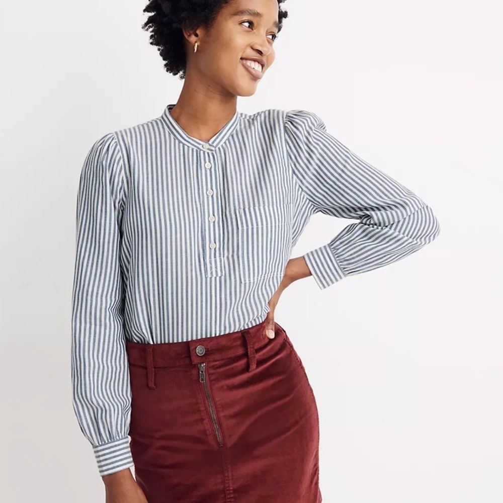 Madewell Puff-Sleeve Popover Shirt in Railroad Stripe